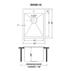 Ruvati Tirana — Tarja de Bar / Prep de 15 x 20 pulg en Acero Inoxidable — diagrama de dimensiones
