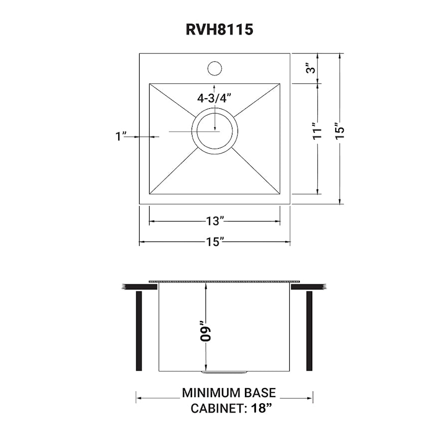 Ruvati Tirana — Tarja de Bar / Prep de 15 x 15 pulg en Acero Inoxidable — diagrama de dimensiones