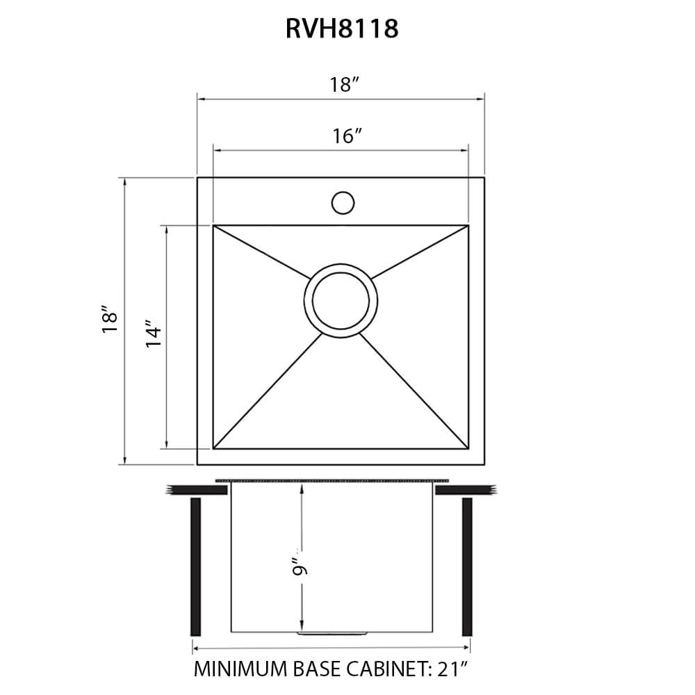 Ruvati Tirana — Tarja de Bar / Prep de 18 x 18 pulg en Acero Inoxidable — diagrama de dimensiones