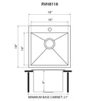 Ruvati Tirana — Tarja de Bar / Prep de 18 x 18 pulg en Acero Inoxidable — diagrama de dimensiones