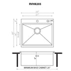 Ruvati Vino — Tarja Workstation de Cocina de 23 x 20 pulg en Acero Inoxidable — diagrama de dimensiones