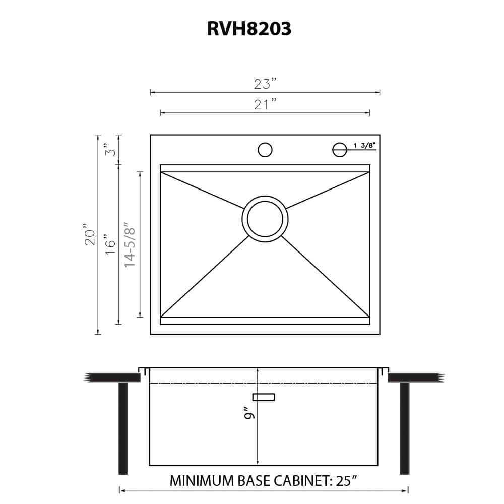 Ruvati Vino — Tarja Workstation de Cocina de 23 x 20 pulg en Acero Inoxidable — diagrama de dimensiones