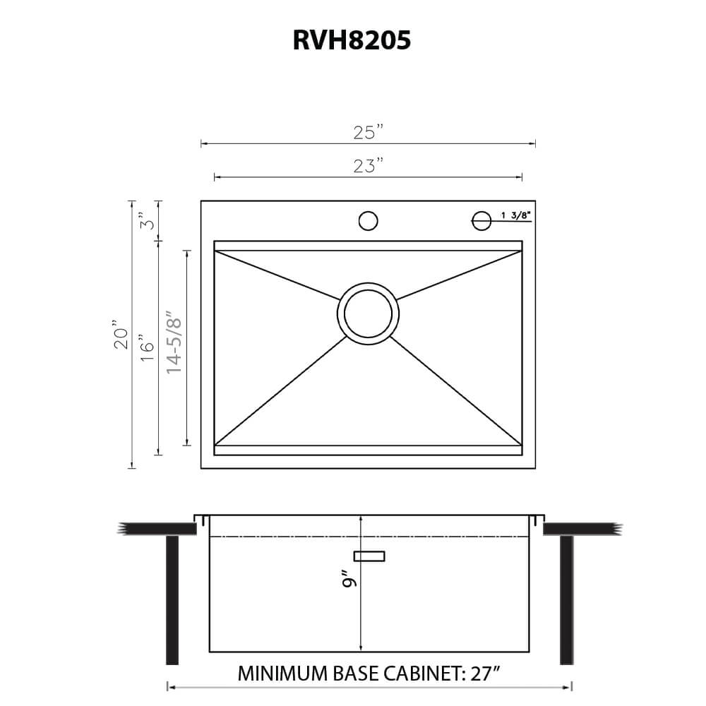 Ruvati Vino — Tarja Workstation de Cocina de 25 x 20 pulg en Acero Inoxidable — diagrama de dimensiones