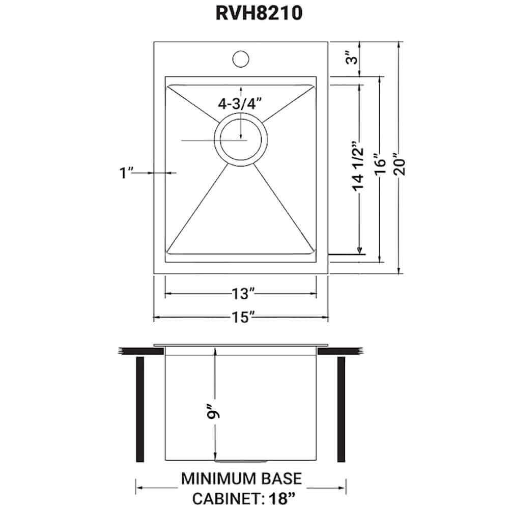 Ruvati Giana — Tarja de Bar / Prep de 15 x 20 pulg en Acero Inoxidable — diagrama de dimensiones