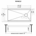 Ruvati Dual-Tier — Tarja Workstation de Cocina en Acero Inoxidable — diagrama de dimensiones