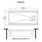 Ruvati Dual-Tier Nova — Tarja Workstation de Cocina en Acero Inoxidable — diagrama de dimensiones