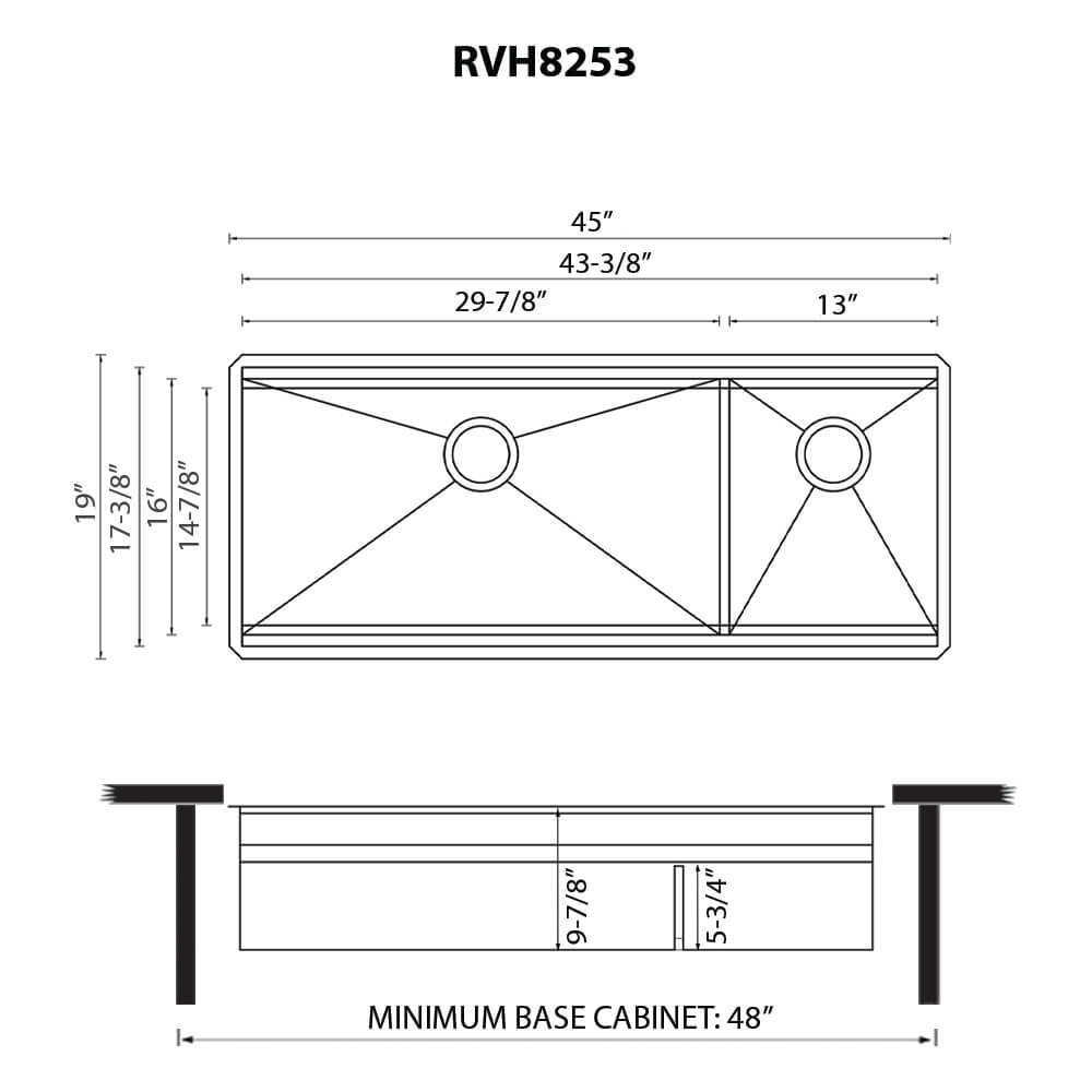 Ruvati Dual-Tier — Tarja Workstation de Cocina en Acero Inoxidable — diagrama de dimensiones