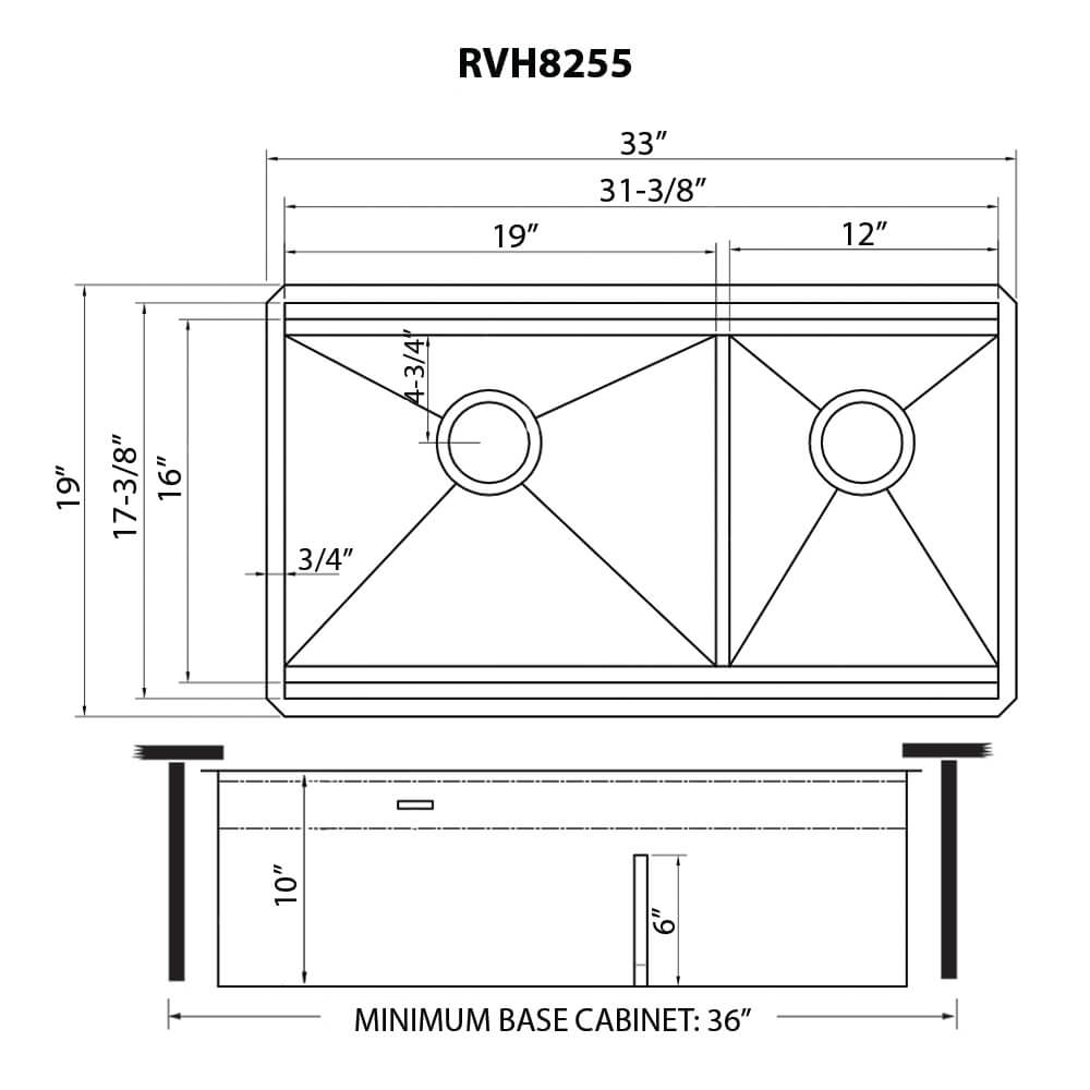Ruvati Dual-Tier — Tarja Workstation de Cocina en Acero Inoxidable — diagrama de dimensiones