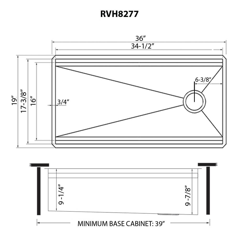 Ruvati Dual-Tier — Tarja Workstation de Cocina en Acero Inoxidable — diagrama de dimensiones