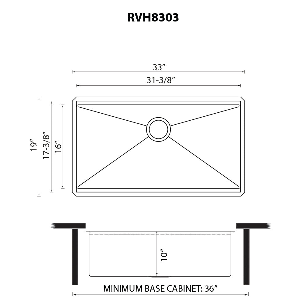 Ruvati Roma Pro — Tarja Workstation de Cocina en Acero Inoxidable — diagrama de dimensiones