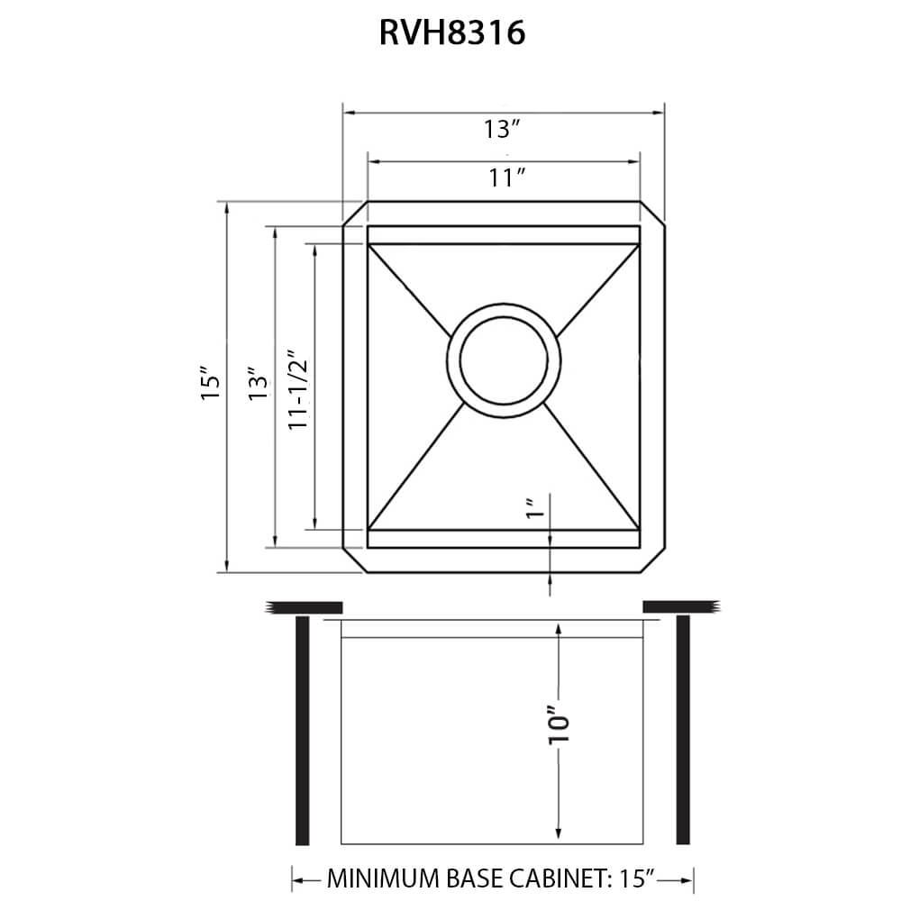 Ruvati Roma — Tarja de Bar / Prep en Acero Inoxidable — diagrama de dimensiones