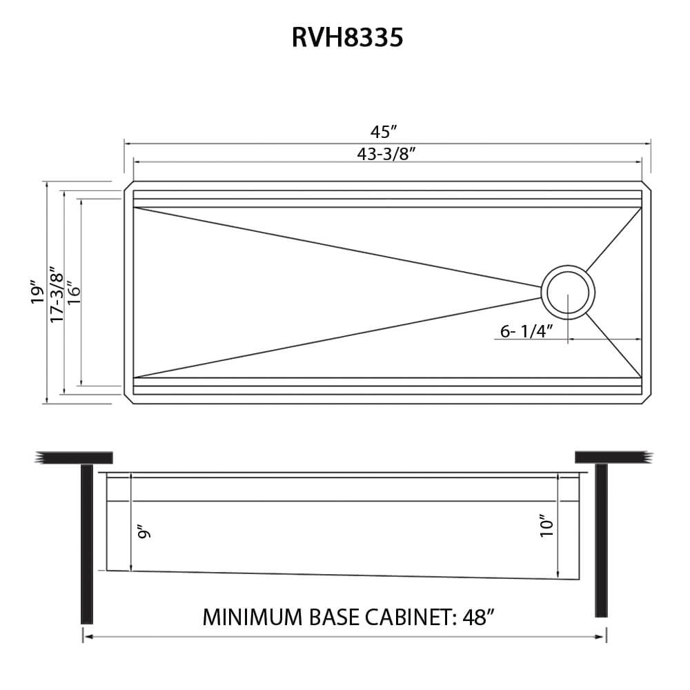 Ruvati Dual-Tier Nova — Tarja Workstation de Cocina en Acero Inoxidable — diagrama de dimensiones