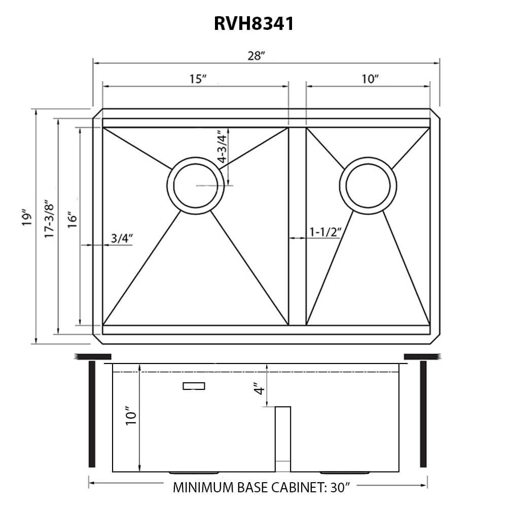 Ruvati Roma — Tarja Workstation de Cocina en Acero Inoxidable — diagrama de dimensiones