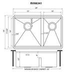 Ruvati Roma — Tarja Workstation de Cocina en Acero Inoxidable — diagrama de dimensiones
