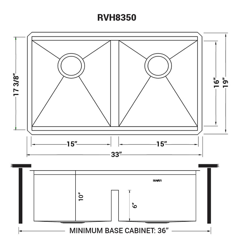 Ruvati Roma — Tarja Workstation de Cocina en Acero Inoxidable — diagrama de dimensiones