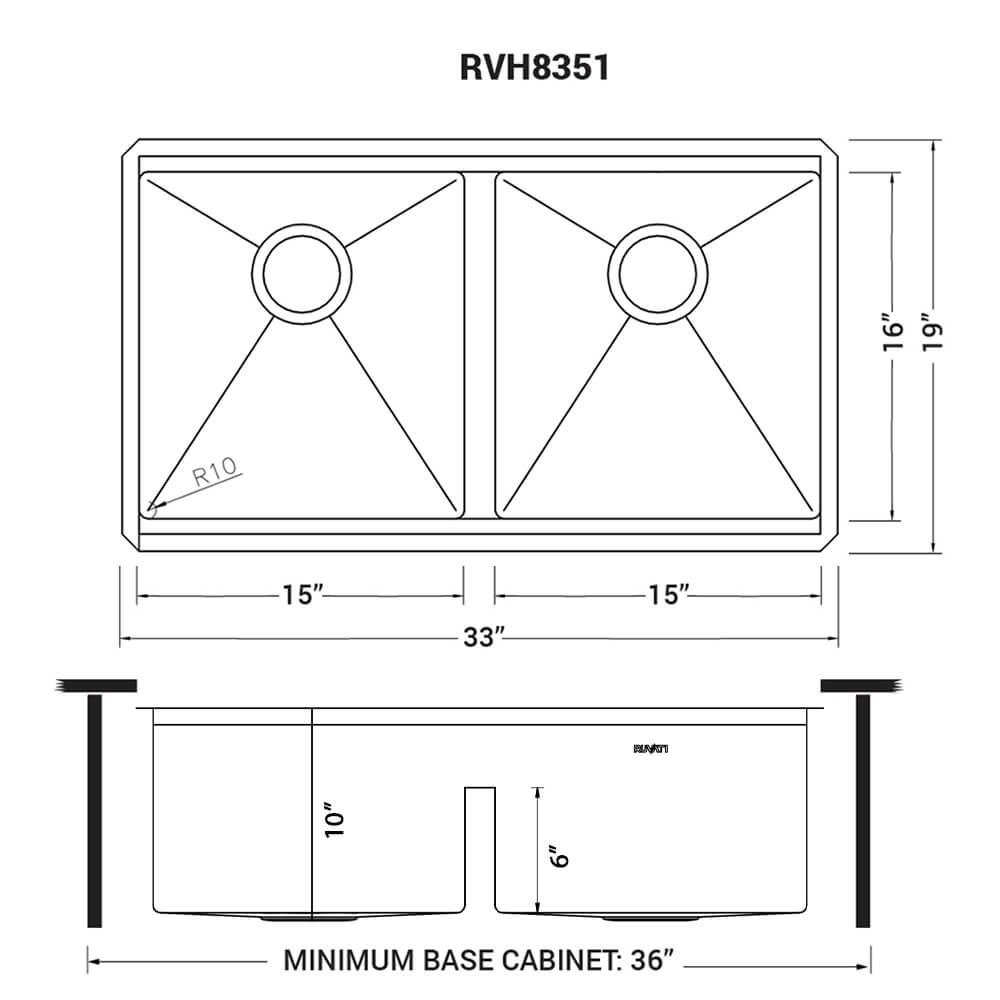 Ruvati Roma Pro — Tarja Workstation de Cocina en Acero Inoxidable — diagrama de dimensiones
