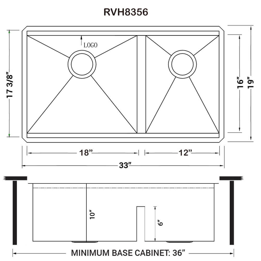 Ruvati Roma — Tarja Workstation de Cocina en Acero Inoxidable — diagrama de dimensiones