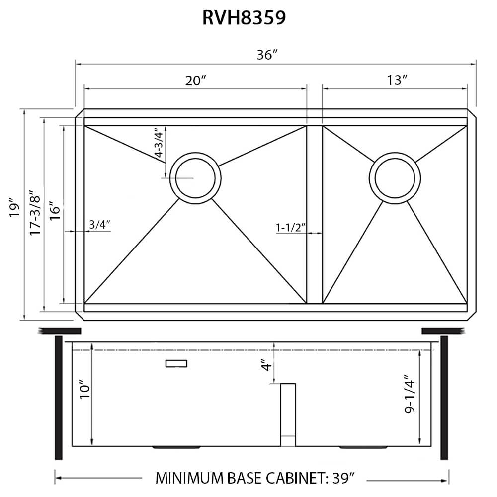 Ruvati Roma — Tarja Workstation de Cocina en Acero Inoxidable — diagrama de dimensiones