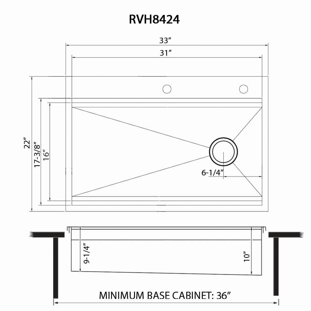 Ruvati Dual-Tier — Tarja Workstation de Cocina en Acero Inoxidable — diagrama de dimensiones