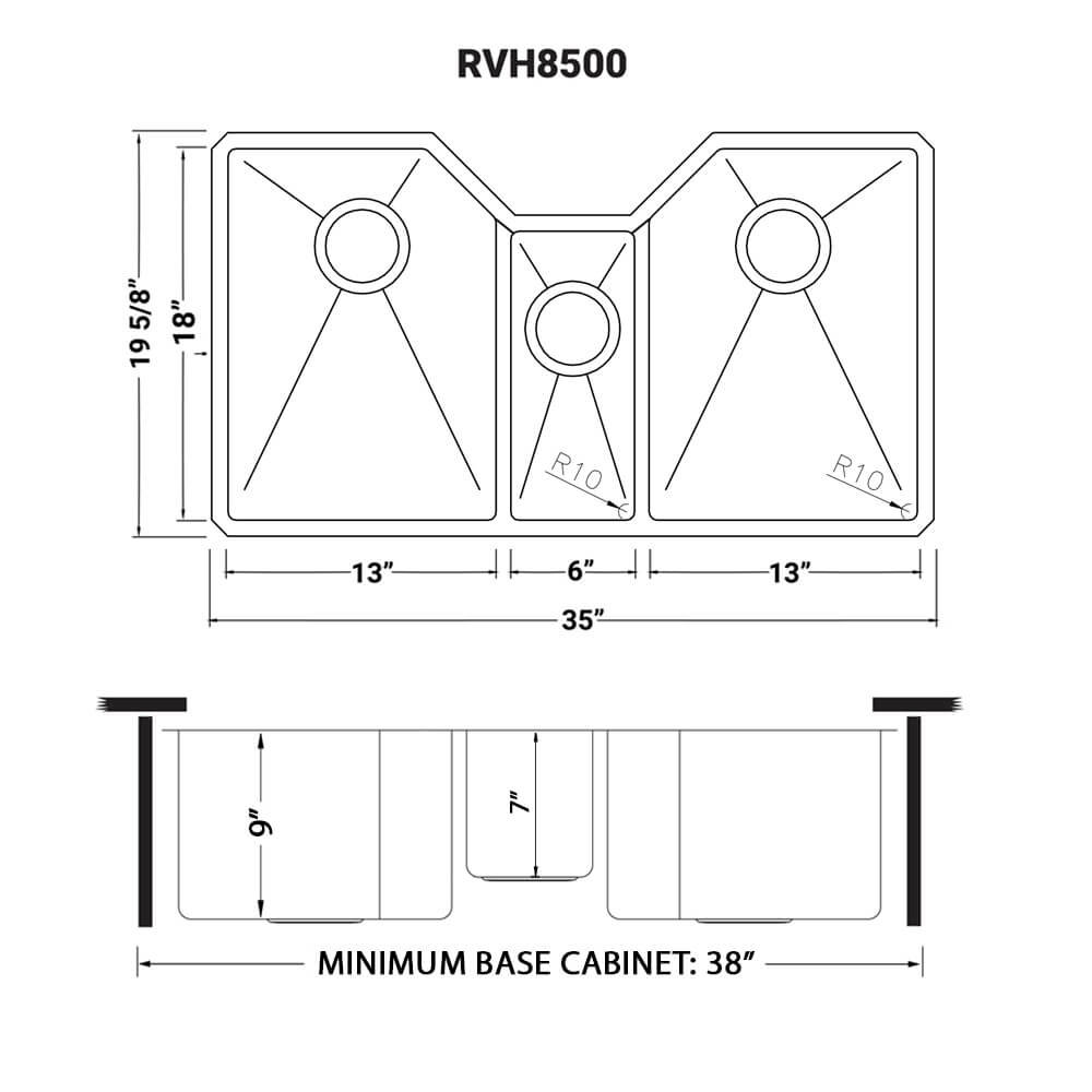 Ruvati Gravena — Tarja de Cocina en Acero Inoxidable — diagrama de dimensiones
