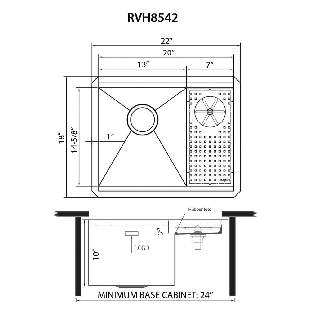 Ruvati Ibiza — Tarja de Bar / Prep en Acero Inoxidable — diagrama de dimensiones