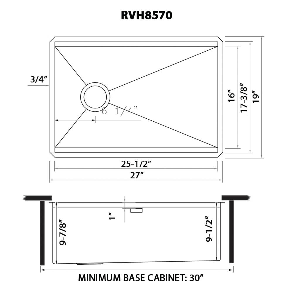 Ruvati Veniso — Tarja Workstation de Cocina en Acero Inoxidable — diagrama de dimensiones