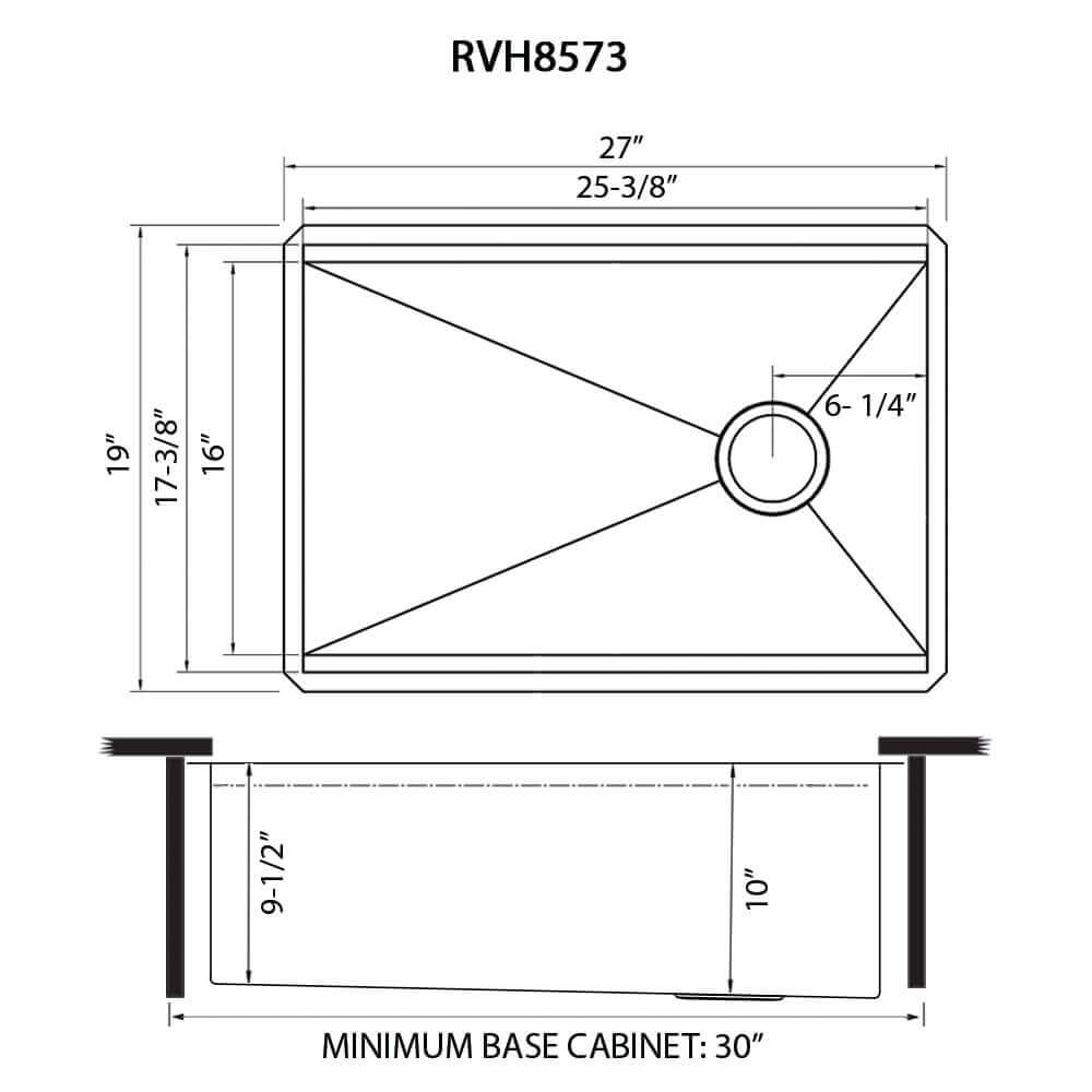 Ruvati Veniso Nova — Tarja Workstation de Cocina en Acero Inoxidable — diagrama de dimensiones