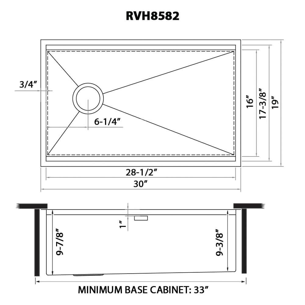 Ruvati Veniso — Tarja Workstation de Cocina en Acero Inoxidable — diagrama de dimensiones