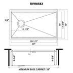 Ruvati Veniso — Tarja Workstation de Cocina en Acero Inoxidable — diagrama de dimensiones