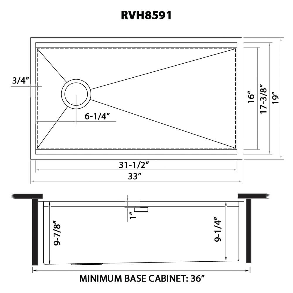 Ruvati Veniso — Tarja Workstation de Cocina en Acero Inoxidable — diagrama de dimensiones