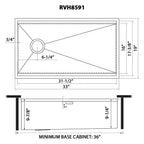 Ruvati Veniso — Tarja Workstation de Cocina en Acero Inoxidable — diagrama de dimensiones