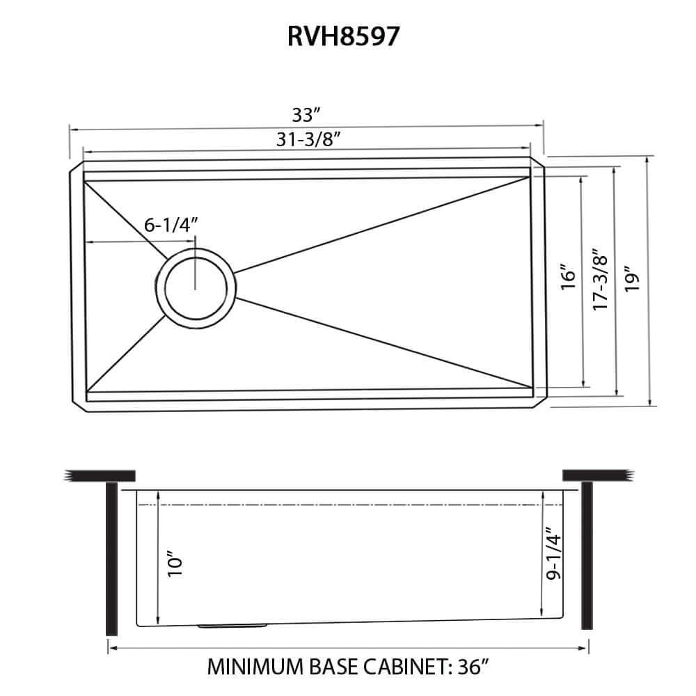 Ruvati Veniso Nova — Tarja Workstation de Cocina en Acero Inoxidable — diagrama de dimensiones