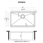 Ruvati Roma Hex — Tarja Workstation de Cocina en Acero Inoxidable — diagrama de dimensiones