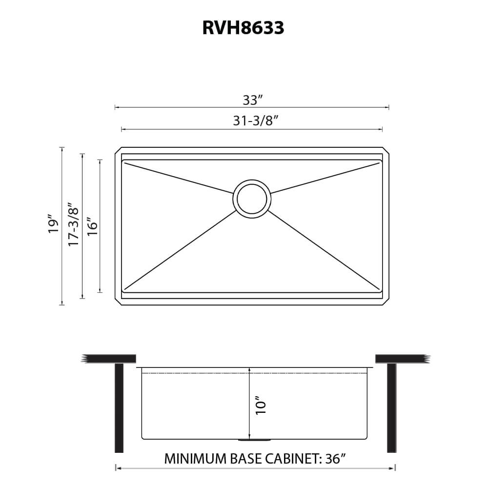 Ruvati Roma Hex — Tarja Workstation de Cocina en Acero Inoxidable — diagrama de dimensiones