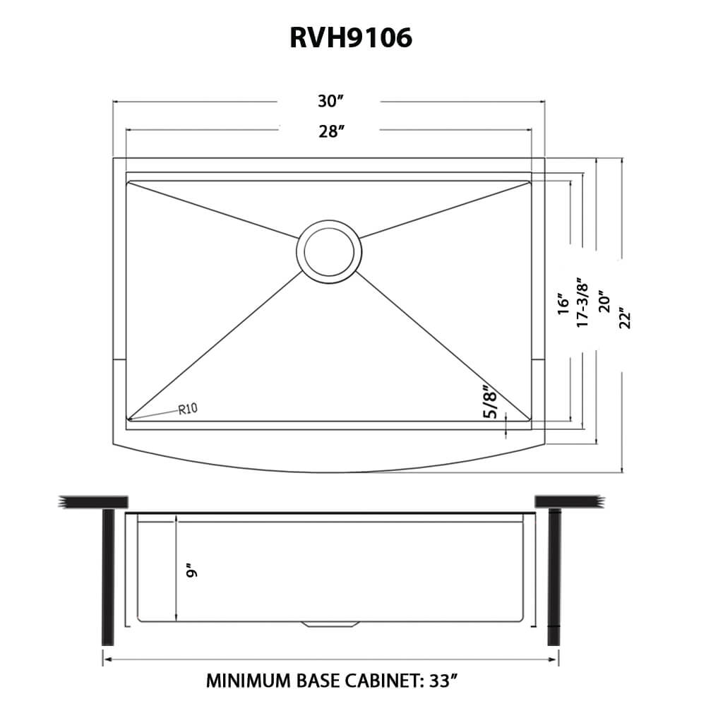 Ruvati Monaco — Tarja Farmhouse de Cocina en Acero Inoxidable — diagrama de dimensiones