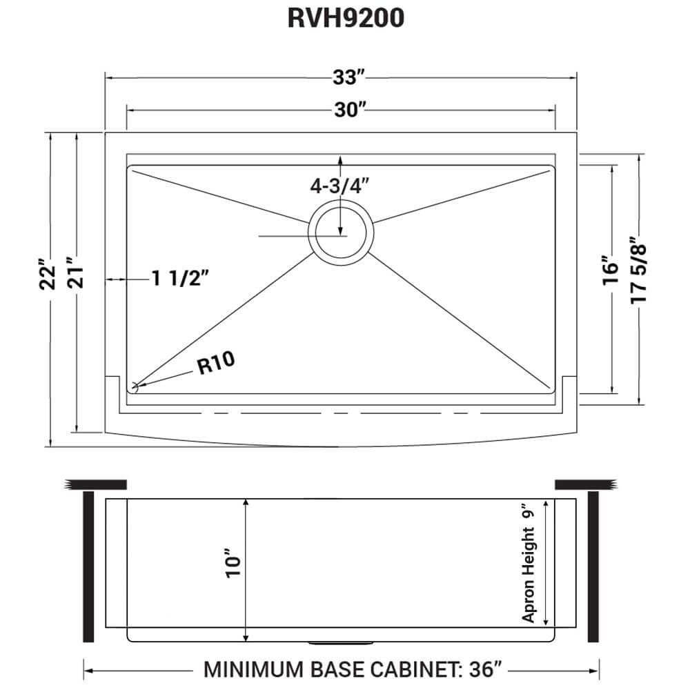 Ruvati Verona — Tarja Farmhouse de Cocina en Acero Inoxidable — diagrama de dimensiones