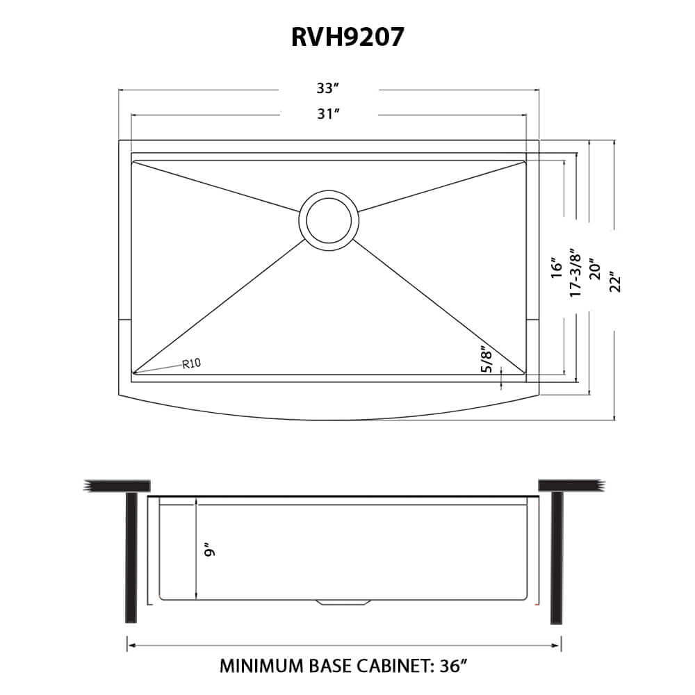Ruvati Monaco — Tarja Farmhouse de Cocina en Acero Inoxidable — diagrama de dimensiones
