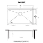 Ruvati Monaco — Tarja Farmhouse de Cocina en Acero Inoxidable — diagrama de dimensiones