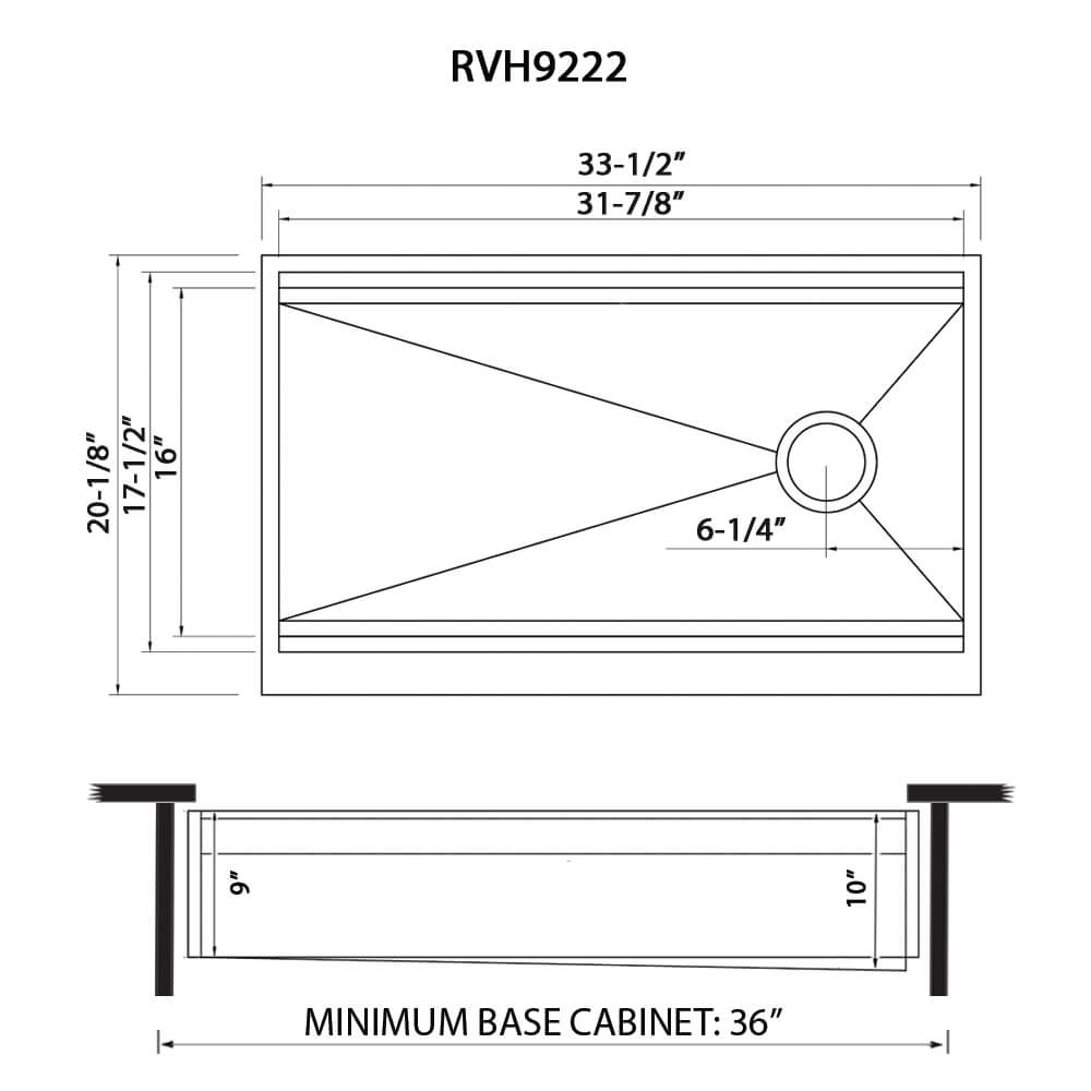 Ruvati Dual-Tier — Tarja Farmhouse de Cocina en Acero Inoxidable — diagrama de dimensiones