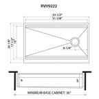 Ruvati Dual-Tier — Tarja Farmhouse de Cocina en Acero Inoxidable — diagrama de dimensiones