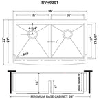 Ruvati Verona — Tarja Farmhouse de Cocina en Acero Inoxidable — diagrama de dimensiones
