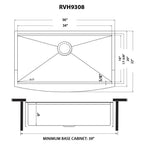 Ruvati Monaco — Tarja Farmhouse de Cocina en Acero Inoxidable — diagrama de dimensiones