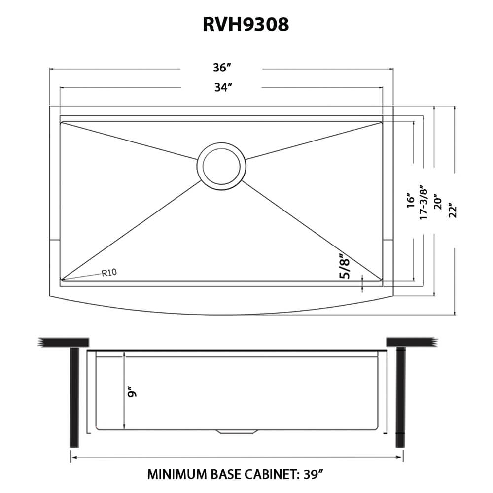 Ruvati Monaco — Tarja Farmhouse de Cocina en Acero Inoxidable — diagrama de dimensiones