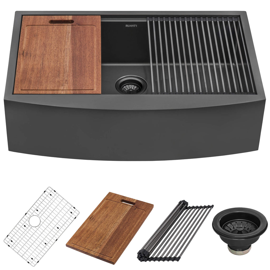 Ruvati Monaco — Tarja Farmhouse de Cocina en Acero Inoxidable — Negro Gunmetal — 1