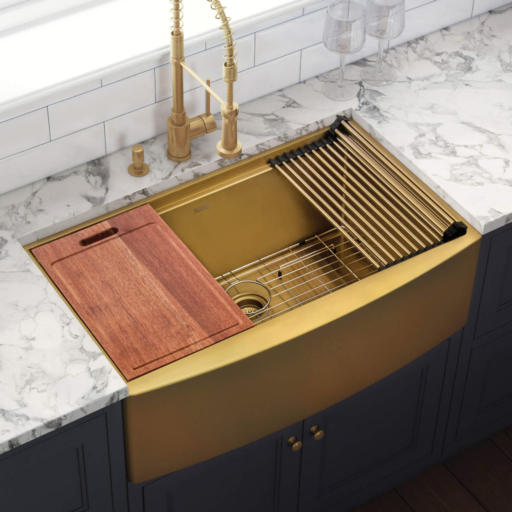 Ruvati Monaco — Tarja Farmhouse de Cocina en Acero Inoxidable — Oro Mate — 1