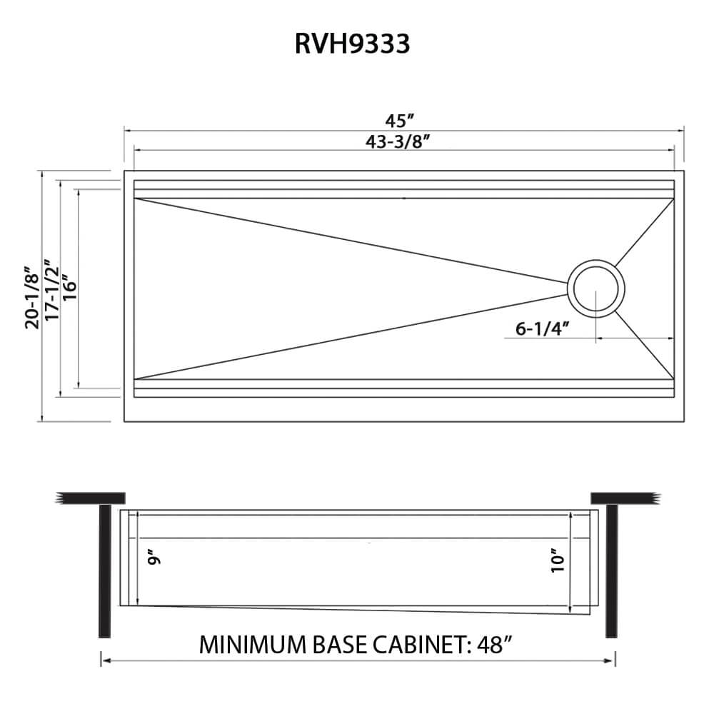 Ruvati Dual-Tier — Tarja Farmhouse de Cocina en Acero Inoxidable — diagrama de dimensiones