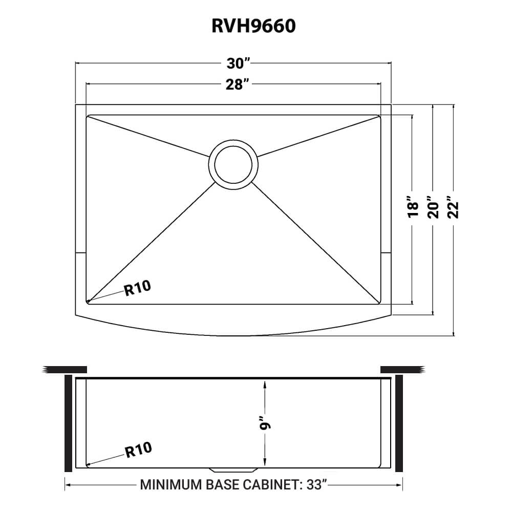 Ruvati Terraza — Tarja Farmhouse de Cocina en Acero Inoxidable — diagrama de dimensiones