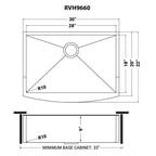 Ruvati Terraza — Tarja Farmhouse de Cocina en Acero Inoxidable — diagrama de dimensiones