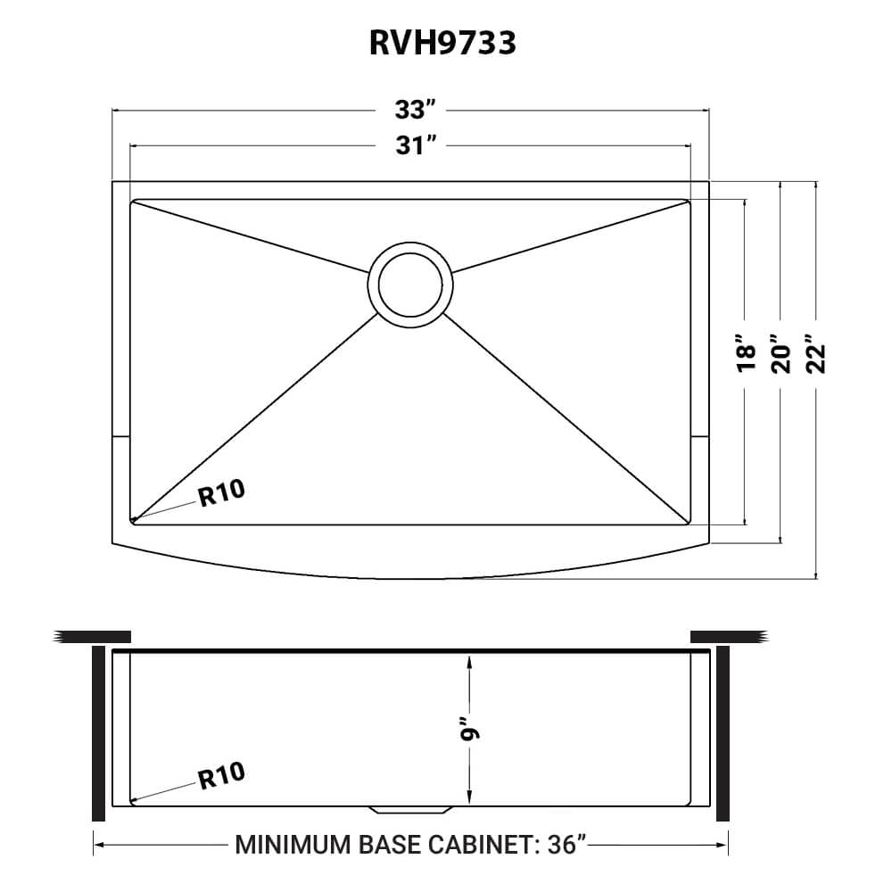 Ruvati Terraza — Tarja Farmhouse de Cocina en Acero Inoxidable — diagrama de dimensiones