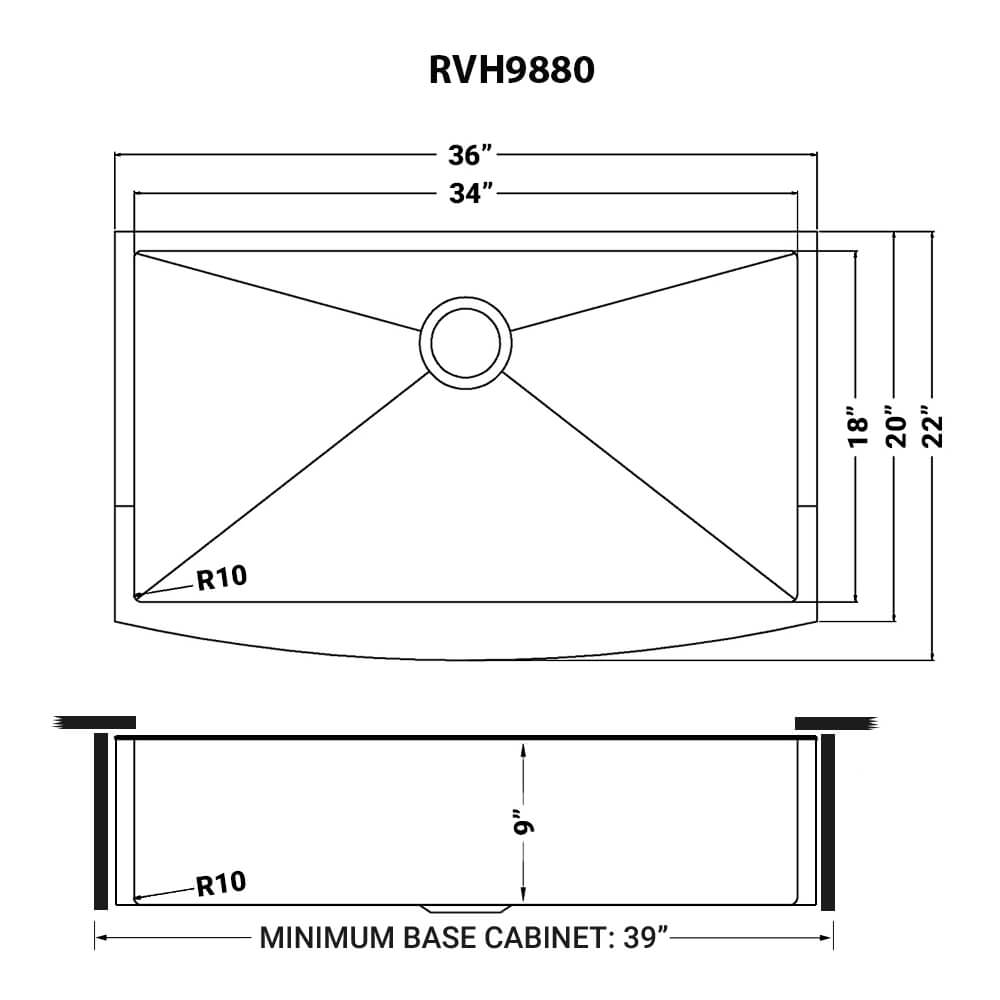 Ruvati Terraza — Tarja Farmhouse de Cocina en Acero Inoxidable — diagrama de dimensiones